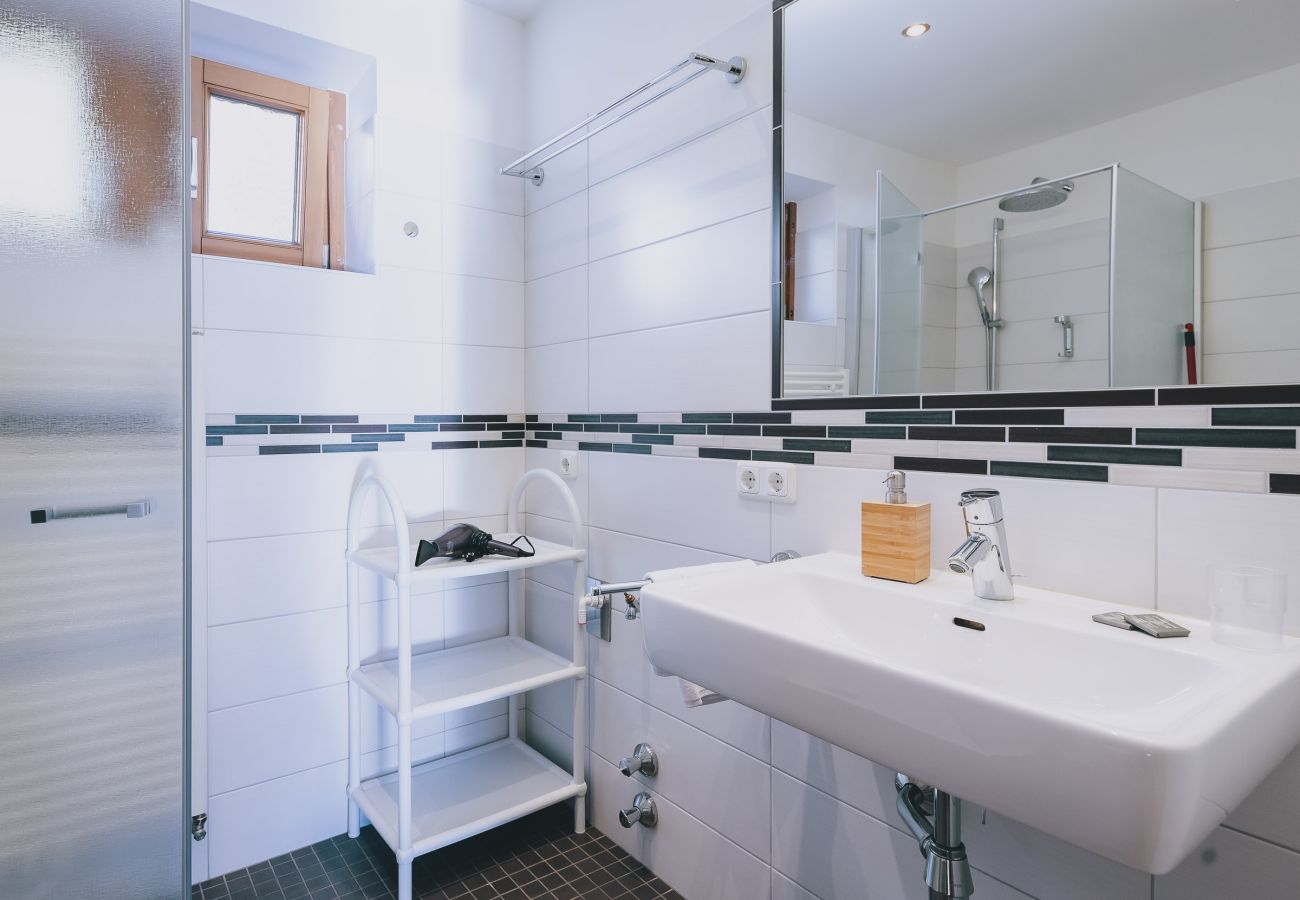 Bathroom in Apartments Haus Altenberger by we rent. Sink, soap, and mirror. Modern bathroom amenities.