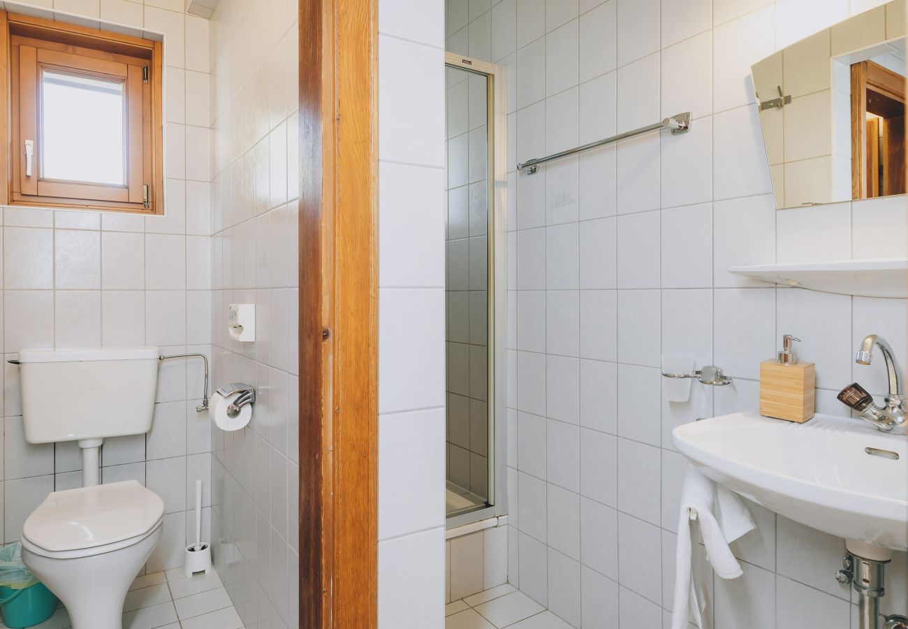 Bathroom in Apartments Haus Altenberger by we rent. Sink, soap, and mirror. Modern bathroom amenities.