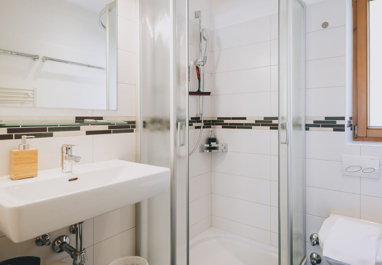 Bathroom in Apartments Haus Altenberger by we rent. Sink, soap, and shower. Modern bathroom amenities.